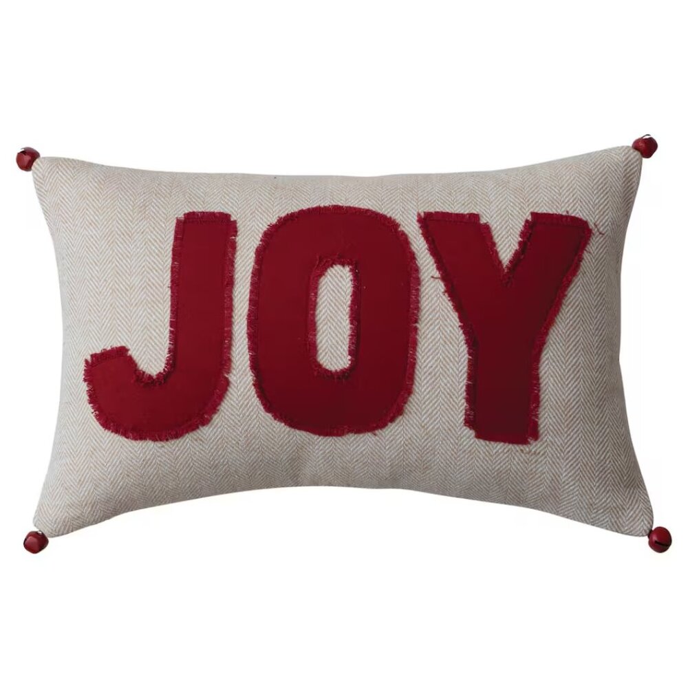 Creative Co-Op JOY Lumbar Pillow with Jingle Bells/NWT
